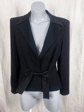 Escada virgin wool satin tie-front blazer black jewel buttons designer classic M